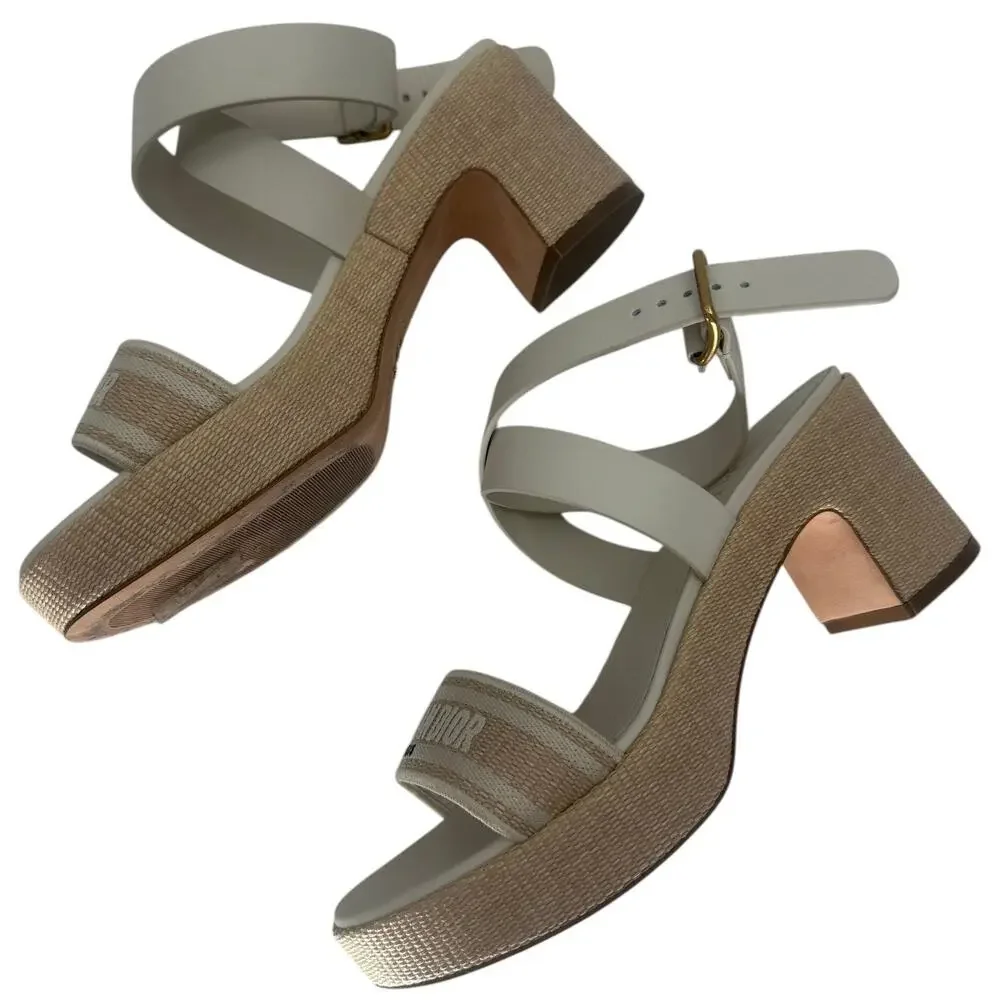 Christian Dior Leather Raffia Dway Embroidered Logo Platfrorm Sandals Beige 37